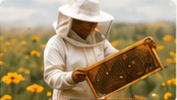 Local beekeeper inspecting a honeycomb frame